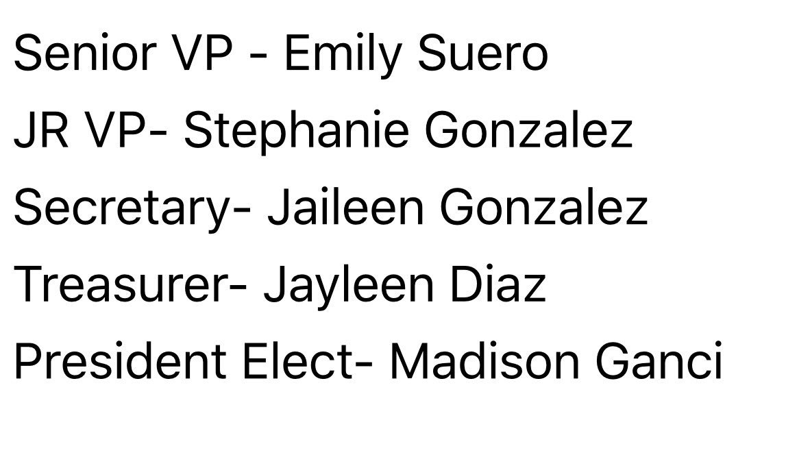 The results are in! Congratulations to all elected officers; we will be meeting this Thursday in 208 after school.