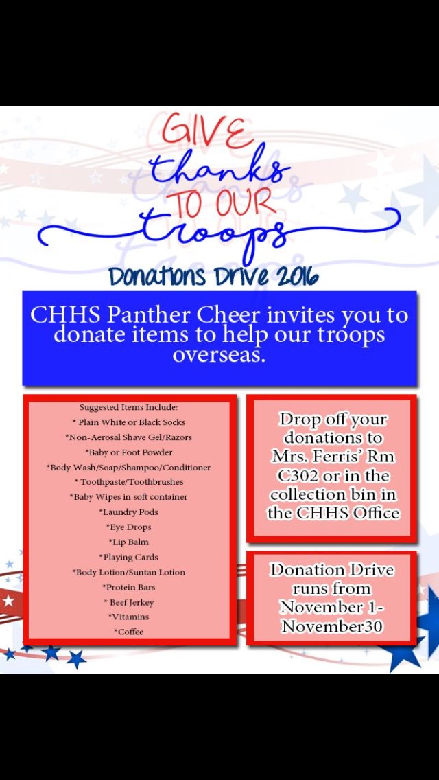 ChhsCookeyClub's tweet photo. Meeting this Thursday before (8:20)/after (4:00) school! We will be donating stuff for the troops. 3 items: 1 hour (Max of 3 hours) https://t.co/Ky1XdZMEZn