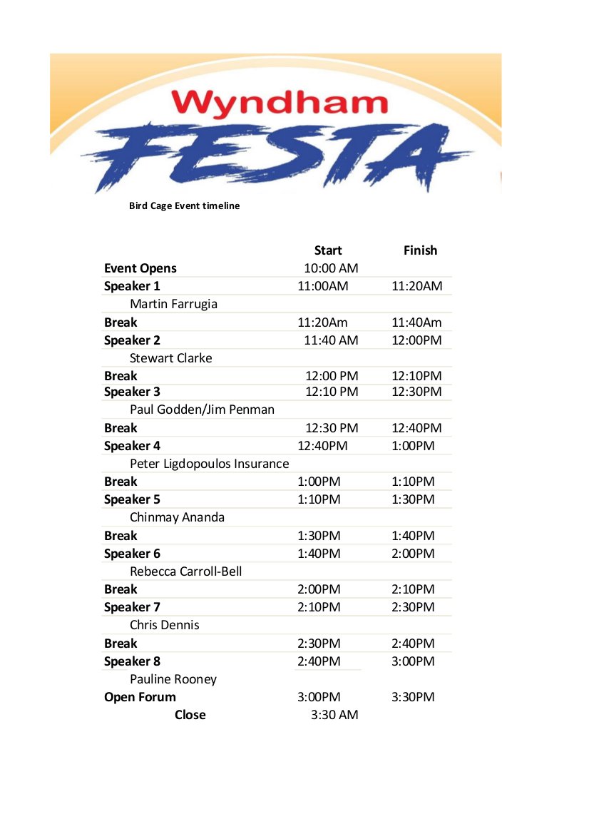 nbaysitsolution's tweet image. Check this out! Timetable of Bird Cage Events! Find out your favourite speaker of the day #WyndhamFESTA 
nbaysevents.com.au