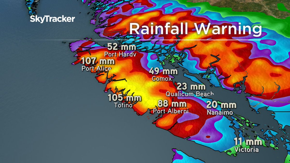 GlobalBC's tweet photo. Heavy rain over parts of Van Island tonight &amp; tomorrow. Strong SE winds 50-70 km/h. @KGordonGlobalBC #BCStorm https://t.co/GJW42vHGKD