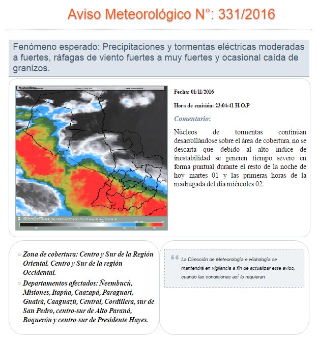 Aviso Meteorológico N°: 331/2016. Zona de cobertura: Centro y Sur de la Región Oriental. Centro y Sur de la región Occidental.