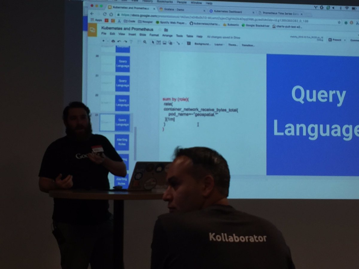justinmdean's tweet image. @vicnastea diving into #prometheus at the @KubernetesSoCal Meetup tonight.  Awesomeness.