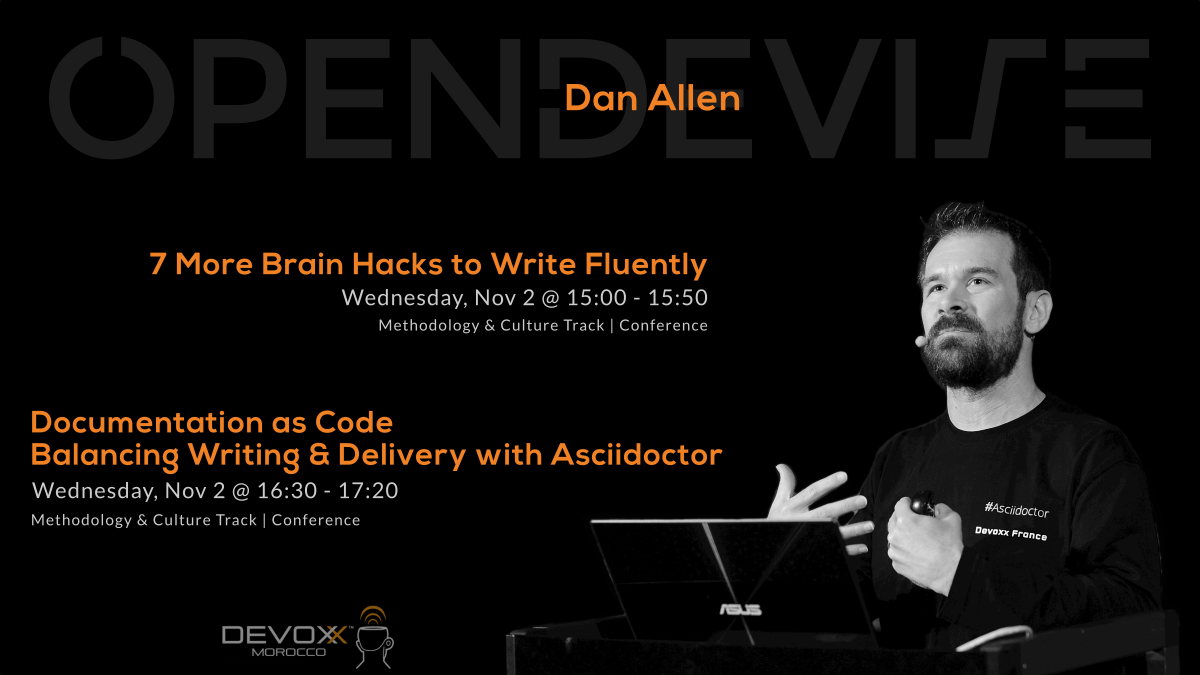 opendevise's tweet image. Learn about managing documentation like code & hacking your brain for writing with @mojavelinux today at #DevoxxMA #docsascode #asciidoctor