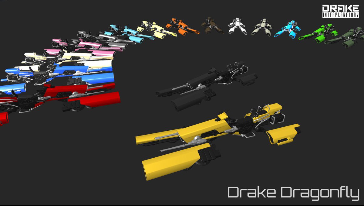Lundfoci's tweet photo. #DrakeDragonfly - Take your pick, there's a color for everyone. #StarCitizen #StarShip42.com #MultipleShips #WorkInProgress #SpaceBike https://t.co/m7UVwus9qX