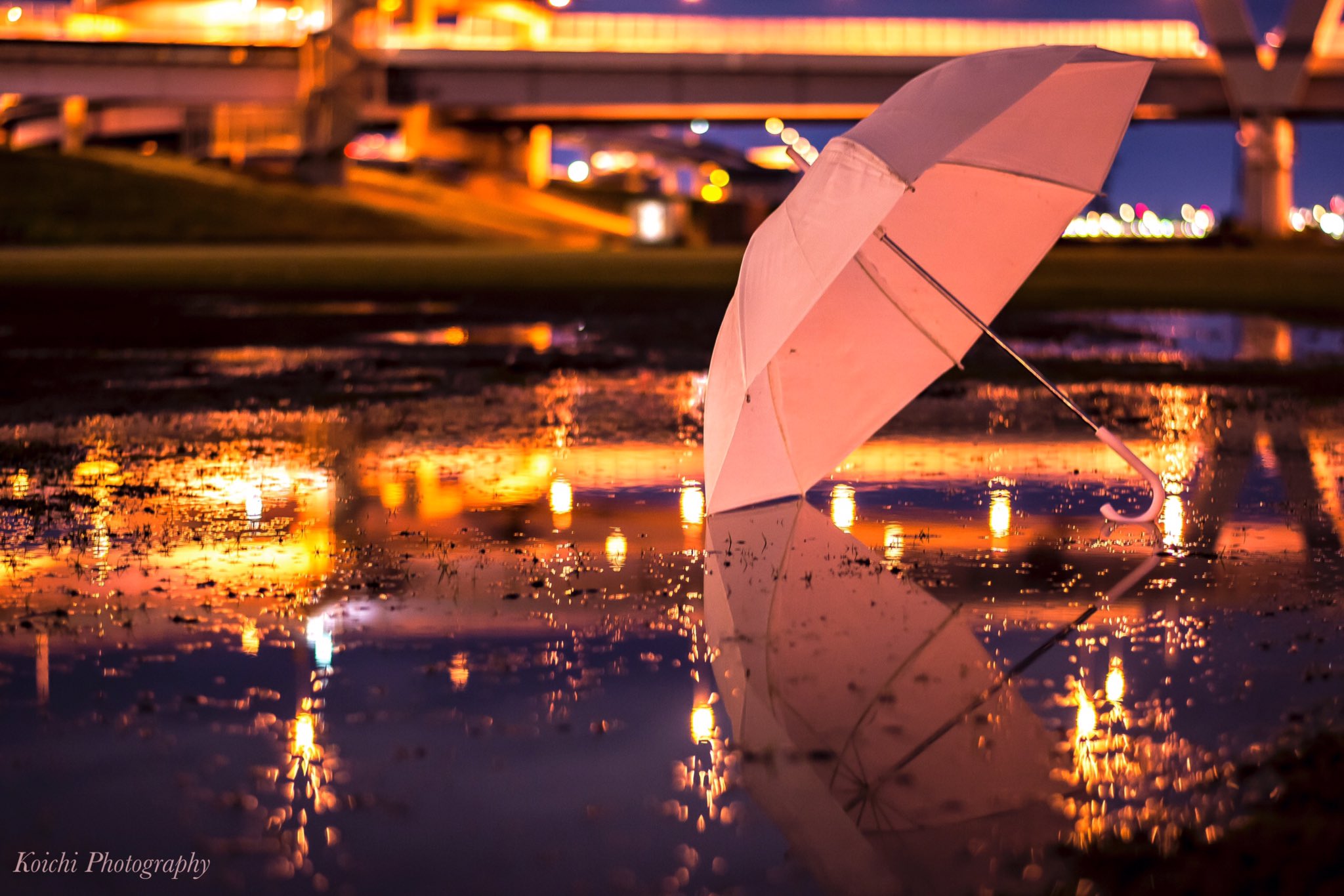 Koichi 反転世界 夜の水たまりに写る反対の世界 キラキラした普段とは違った景色 雨の後にしか見られない鏡のような世界 雨があがったらたまった水をしゃがんで見てみてください 2枚目は反転写真 いろんな人に届けたい 夜景 反転写真 みずたまり