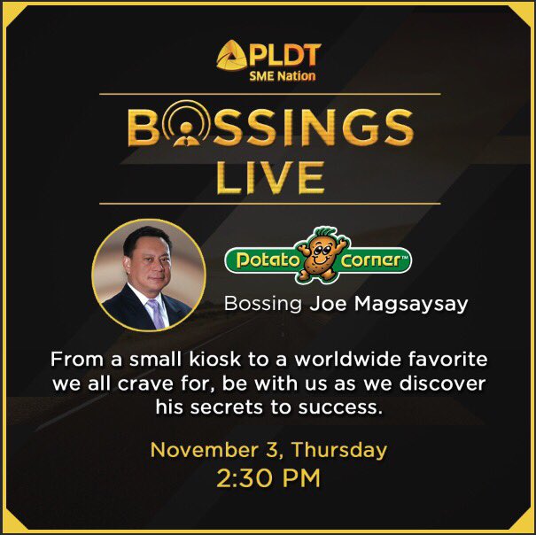 PLDTEnterprise's tweet photo. Catch us live at our FB Page with Joe Magsaysay as we discover his secrets to success! Tweet us questions and use #BossingsLive #SMENation https://t.co/4asmPrQA1D