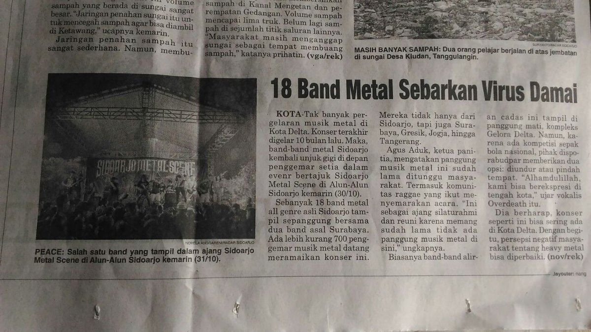 Simak koran Radar Sidoarjo edisi Selasa 1 November 2016. Ada sedikit ulasan event SIDOARJO METAL SCENE #5 \m/