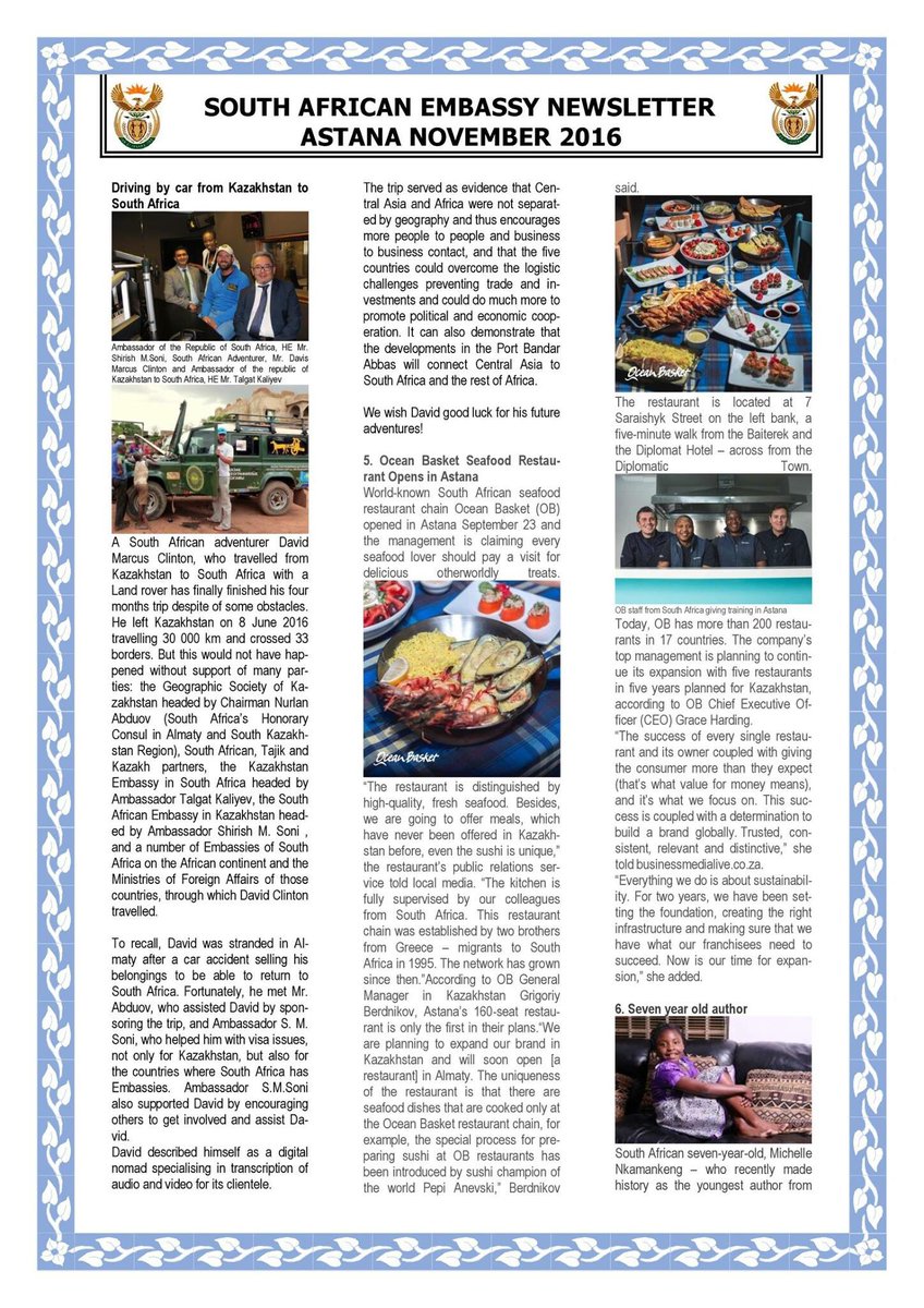 SAEmbassyKZ's tweet photo. South African Embassy Newsletter November 2017 https://t.co/qbtCiiJH9q