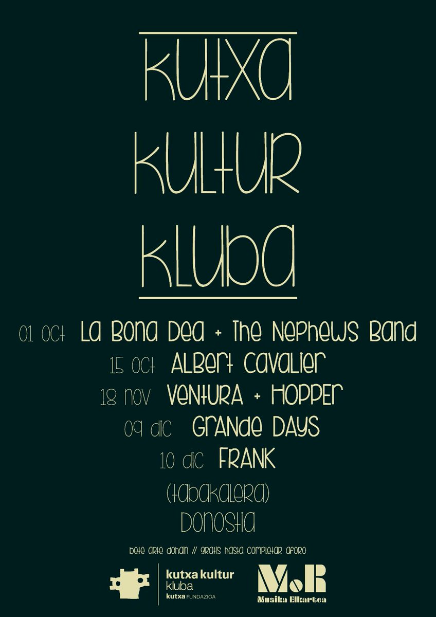 MenofRockMusika's tweet photo. Tras un largo puente...
¡#HolaNoviembre! 🙋

18/11 @venturalabanda + Hopper
Gratis en @kutxakultur #Tabakalera #Donostia #conciertosMoR https://t.co/Ri45NEqVzG