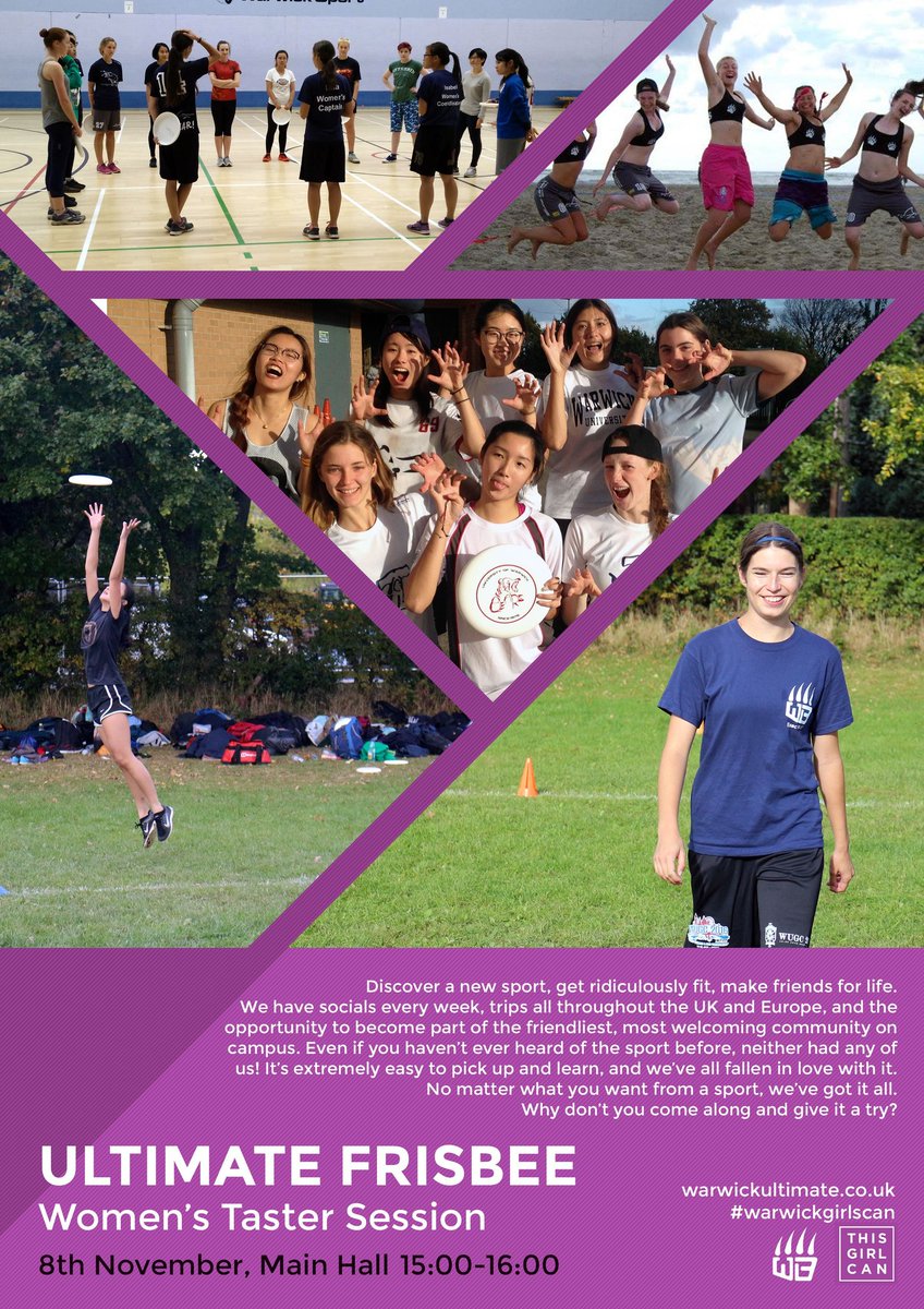 WarwickUltimate's tweet photo. Tue 8th Nov: Women's taster session in the main hall, in celebration of #thisgirlcan week! #warwickgirlscan @warwicksport #playlikeagirl https://t.co/2zYXxZp8YG