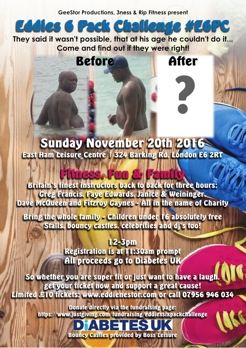 Losing weight for <a href="/DiabetesUK/">Diabetes UK</a>. Come join me &amp; <a href="/RobbieGee7/">Robbie Gee</a> @diabetesLondon <a href="/Katboyce/">Katofficial</a> <a href="/Mastermind_UK_/">Mastermind</a> @ripfitness <a href="/3ness/">3ness</a> Nov 20 #e6PC pls rt