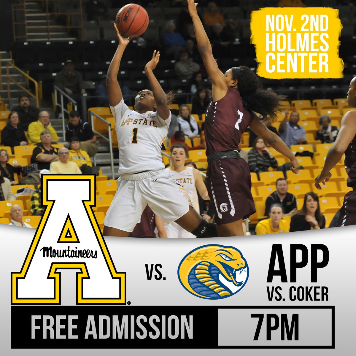 appstpromo's tweet photo. It's Gameday! @AppStateWBB vs. Coker at 7pm. FREE ADMISSION for all! 🏀⚫️🔶 https://t.co/7wq6UujNlU