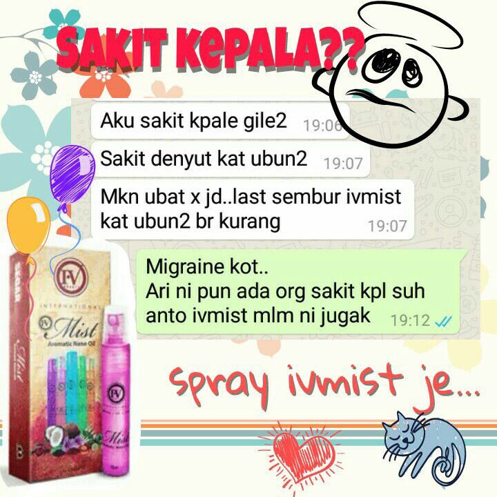 SyaShamil's tweet photo. Ade masalah berikut?bnyk ubat dah gune? try IV MIST ni. #sembur2sembuh sis sendri testimoni. plez RT #teamivmist✌🏻️😎 https://t.co/eVgmAVxCIr