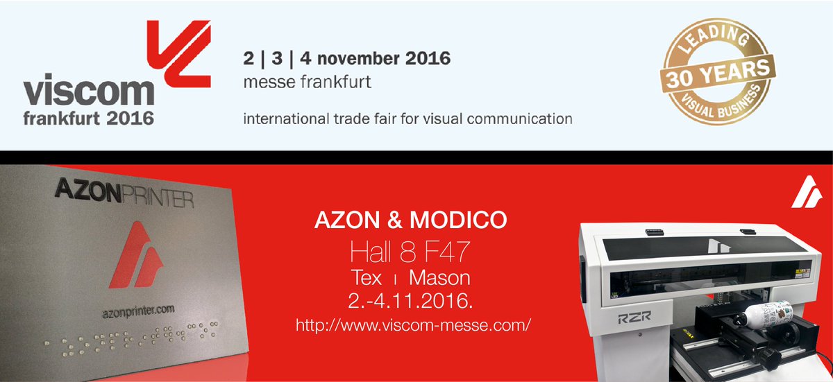 AzonPrinter's tweet image. Azon and Modico are presenting Tex Pro and Mason on VISCOM GERMANY, Hall 8 F47 #viscom2016 #exhibition #innovationprinting