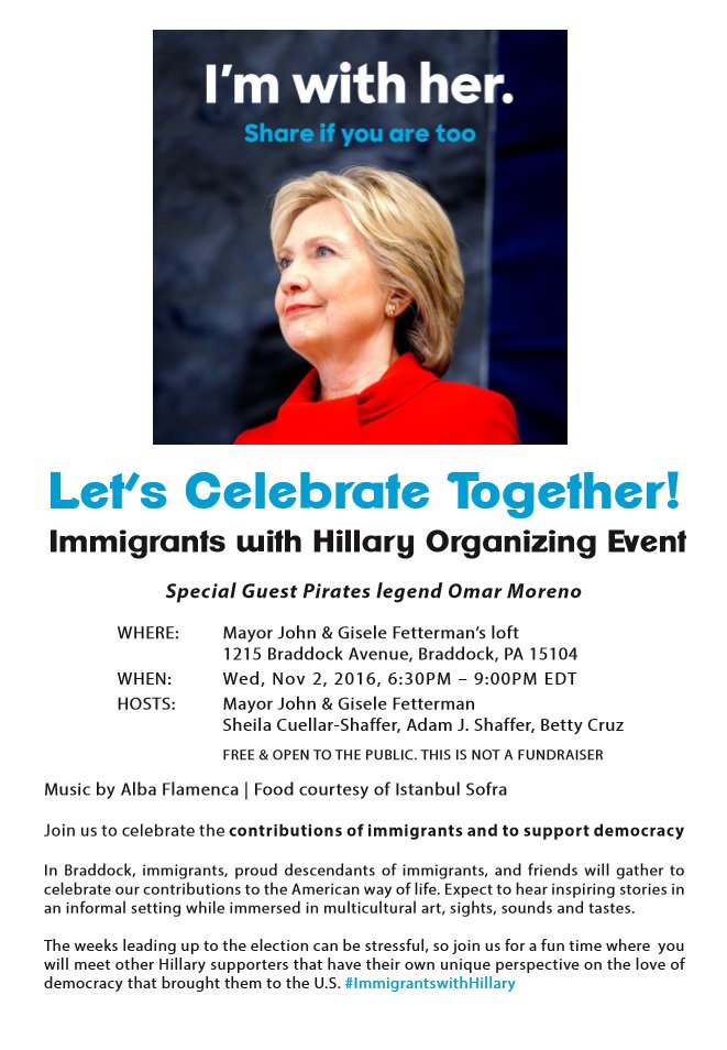 jvromain's tweet photo. TONIGHT #ImmigrantsforHillary A Special Western Pennsylvania Celebration. JOIN US #ProudtobePA cc @BettyHCruz @giselefetterman @HillaryforPA https://t.co/859Hyw5KQg