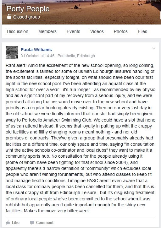 talkporty's tweet photo. Morning @Ed_Leisure this report sounds awful; community group given the boot at new @PortobelloHigh pool, slot used by club https://t.co/qQmr8I6noH