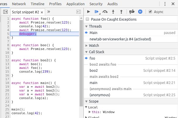 umaar's tweet image. DevTools Tip 🔥 Async/await call stacks in the Sources Pane now has a much nicer UI. Shows you how one function "awaits" another function