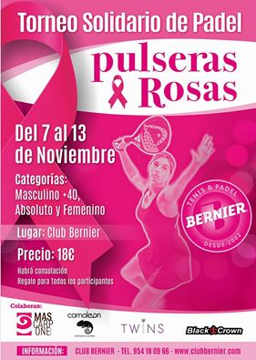Aún puedes inscribirte en el Torneo de Pádel Solidario Pulseras Rosas que se celebra en <a href="/ClubBernier/">Club Bernier</a> ¡Apúntate en 954180966! #contraelcáncer