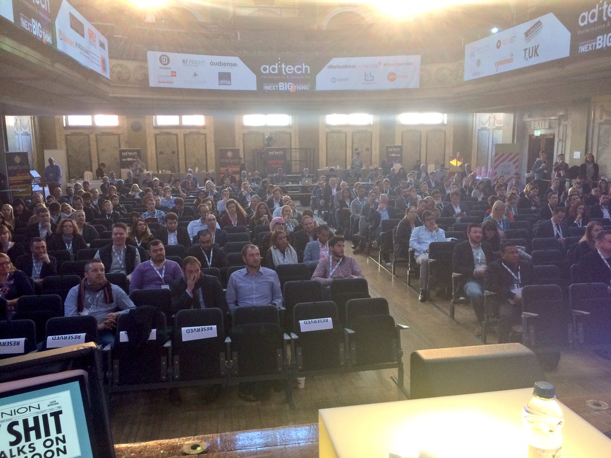 alanboughen's tweet image. View from the main stage at #adtechLondon @comexposiumuk. A packed house in Shoreditch for this morning&apos;s presentations and panels
