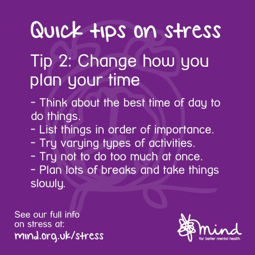 MindCharity's tweet photo. We're sharing tips for coping with stress today for #NSAD. What are your tips? https://t.co/NqroqrIZ9G https://t.co/4e0CUrHCvB
