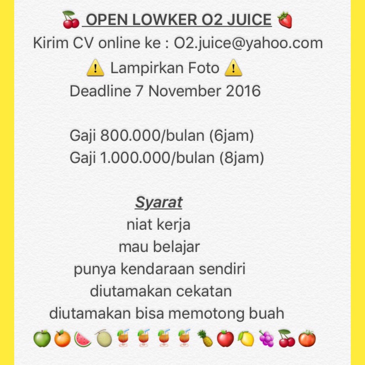 O2juiceOfficial's tweet photo. #jogjalowker |stand counter minuman|cew/cow|part/full|cekatan,niat kerja| o2.juice@yahoo.com @JogjaLowKer https://t.co/EZveTg9Uec