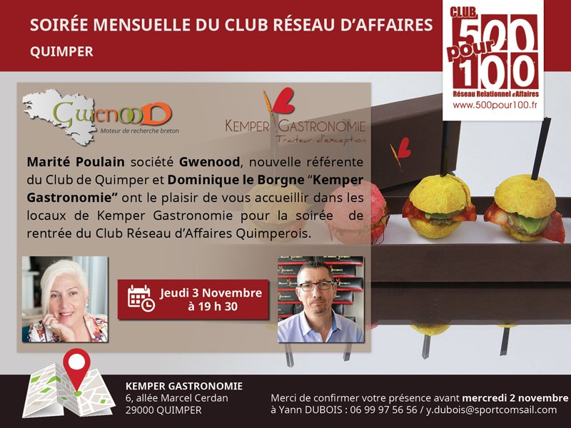 Duboisyann6's tweet photo. J-1. Soirée Club Réseau d'Affaires 500pour100 QUIMPER chez Kemper Gastronomie. Renseignement sur le Club https://t.co/zO93rGa5DR https://t.co/B7dY123J5m