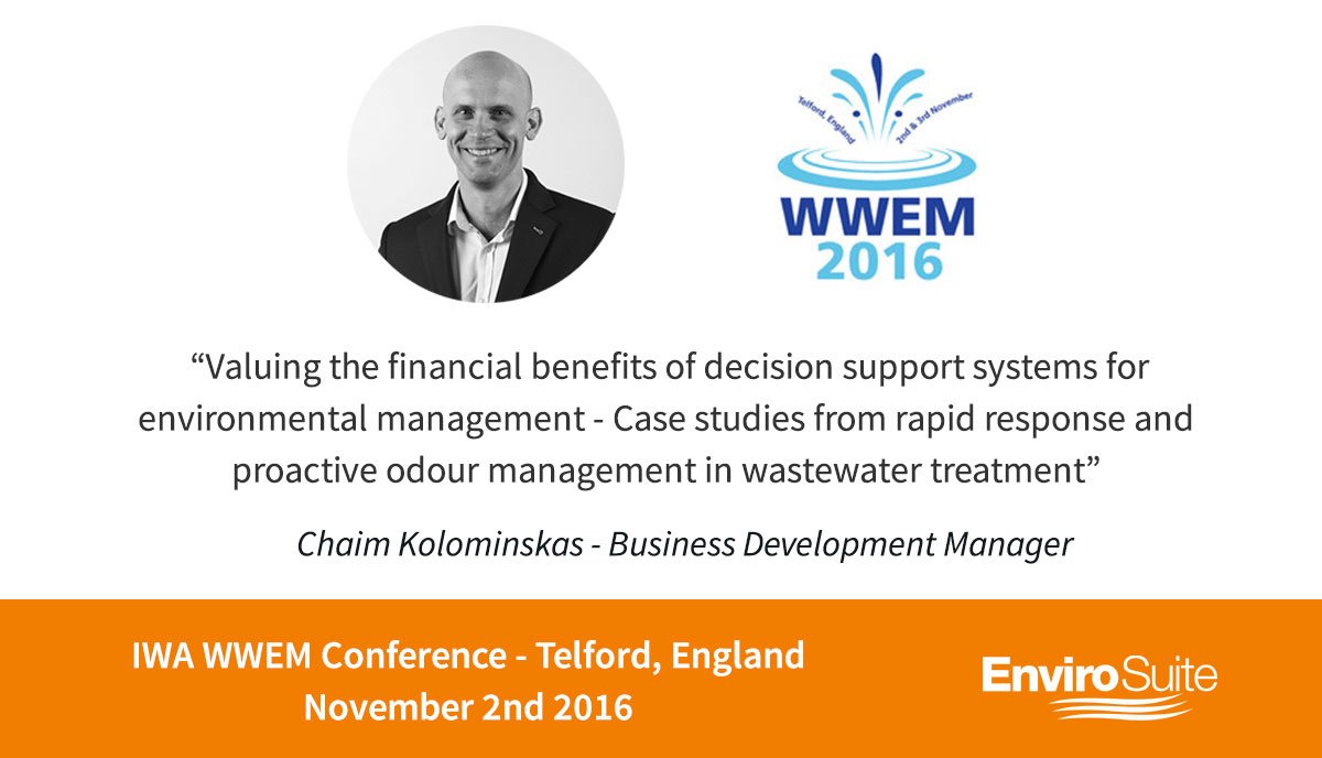 Envirosuite_Ltd's tweet photo. @CKolominskas &amp; @Odournet are at #WWEM2016. Find out how to turn #odour into an operational saving! https://t.co/Kv01BO1NWD