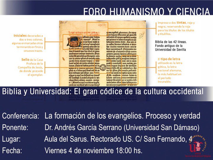 SarusSevilla's tweet photo. Este viernes en el Foro Humanismo y Ciencia, tendremos al profesor Andrés García Serrano, que nos hablará de la formación de los evangelios https://t.co/tZ8oTqYZMn