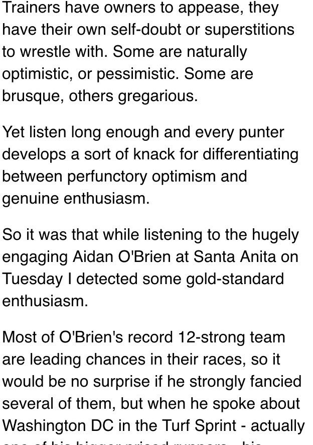 OghillHouseStud's tweet photo. "...when he spoke about Washington DC, his enthusiasm seemed especially pronounced..."
Aidan O'Brien in today's Racing Post.
#BC16
#GoWDC https://t.co/EbfAyb6gXv