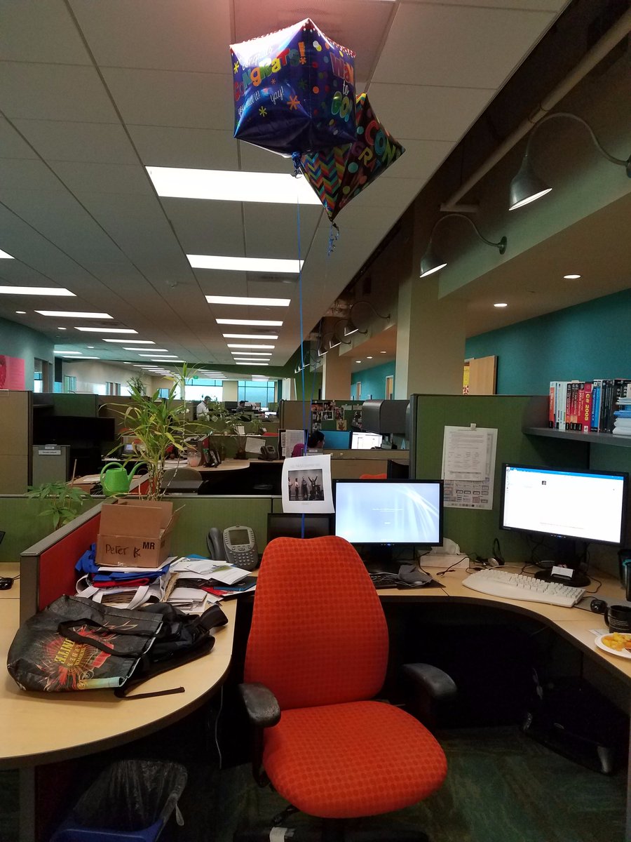pkral's tweet image. My desk chair upon returning from #sqlsummit . My coworkers show they care!  #SpeakerIdol #sqlpass #SQLFamily