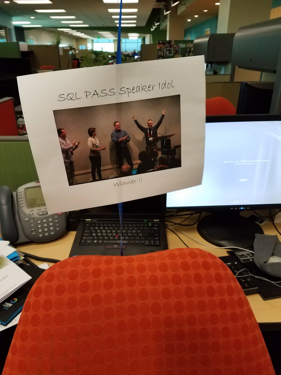 pkral's tweet image. My desk chair upon returning from #sqlsummit . My coworkers show they care!  #SpeakerIdol #sqlpass #SQLFamily