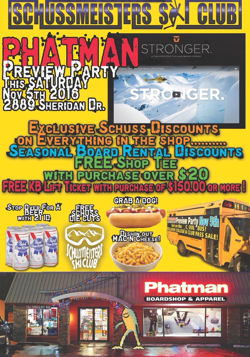 phatmanshops's tweet photo. THIS SATURDAY. MARK YOUR CALENDAR. BEERS, HOT DOGS, SNOWBOARDING. @UnionBindings @schussmeisters https://t.co/7aYWHW7Hg8