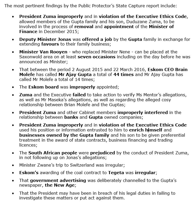 Some of the damning findings that Adv Madonsela makes in her #StateCaptureReport: 

Please RETWEET far &amp; wide. SAns must know the TRUTH!