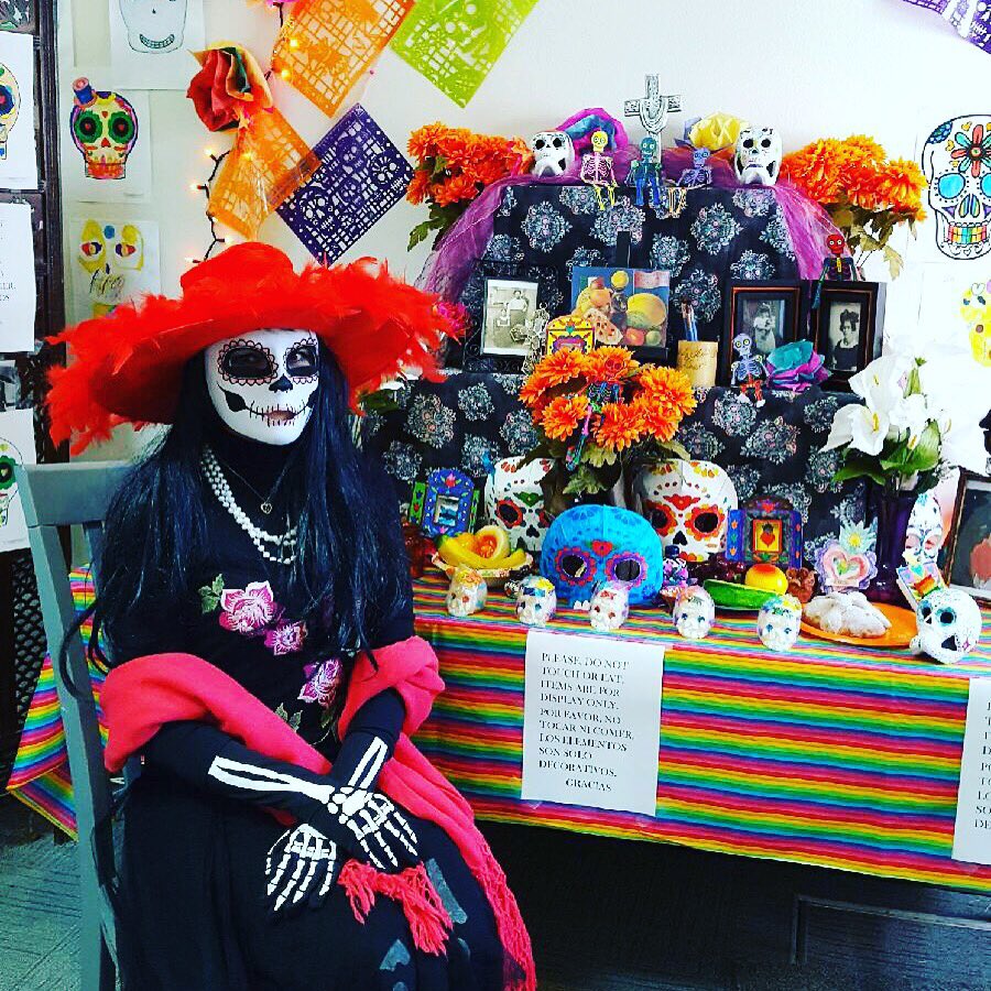 MackBoulder's tweet photo. La Catrina, the famous Mexican skeleton, visited Mack-Boulder's Ofrenda del Dia de los Muertos! https://t.co/7YueMiVJpI