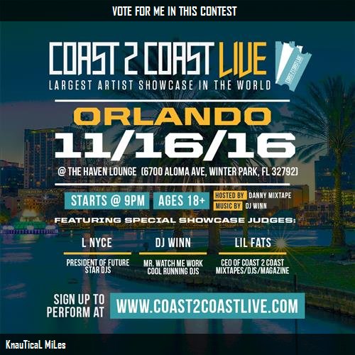 MilissaMitchel's tweet photo. Just voted for KnauTicaL MiLes to perform at #Orlando Edition 11/16/16! https://t.co/IPYTuigFzA #Coast2Coast https://t.co/wWw3pFYaYG