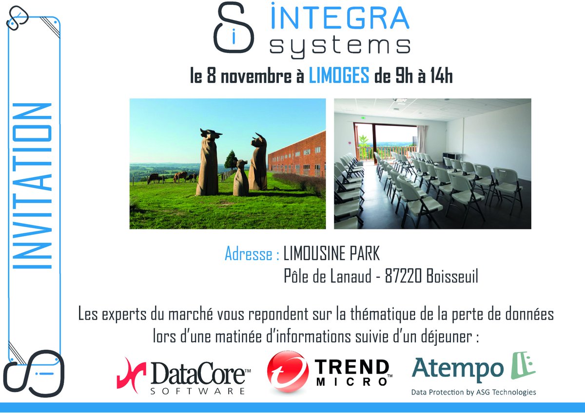 INTEGRA87's tweet photo. J-6 avant notre #event sur la perte de données au #LimousinePark 
Inscrivez-vous ici : https://t.co/qpQiAIjdVt #sécurité #informatique https://t.co/QXvTe1BrCV