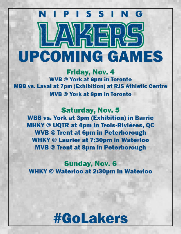 nulakers's tweet photo. #Lakers Athletics is in full swing. Check out some more action coming up this weekend. #GoLakers #LakersPRIDE #Nipissing https://t.co/9JaLiNrQ1d