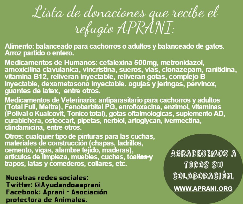 #DonacionesAPRANI Pueden acercarlas al refugio o podemos retirarlas a domicilio. ¿Nos ayudan?
RT <a href="/geobarbarossa/">Georgina Barbarossa</a> <a href="/nachaguevara/">Nacha Guevara</a> <a href="/nikitaneumann/">Nicole Neumann</a>