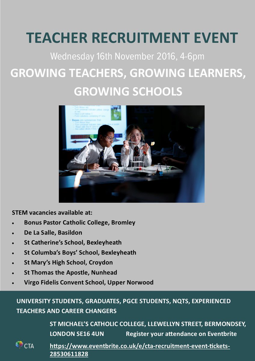 CatholicTA's tweet photo. Interested in training in a #STEM subject? @CatholicTA have vacancies across SE London, Kent and Basildon. Come along 16/11 to find out more https://t.co/Zwb62tXhMU