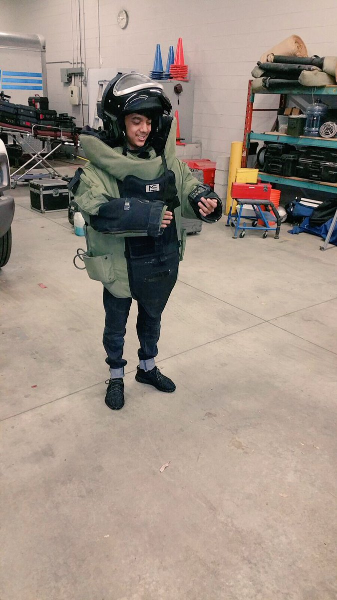 Jayden trying on the #PRP bomb suit which weighs over 100 pounds.
#takeyourkidstoworkday #tyktwd
