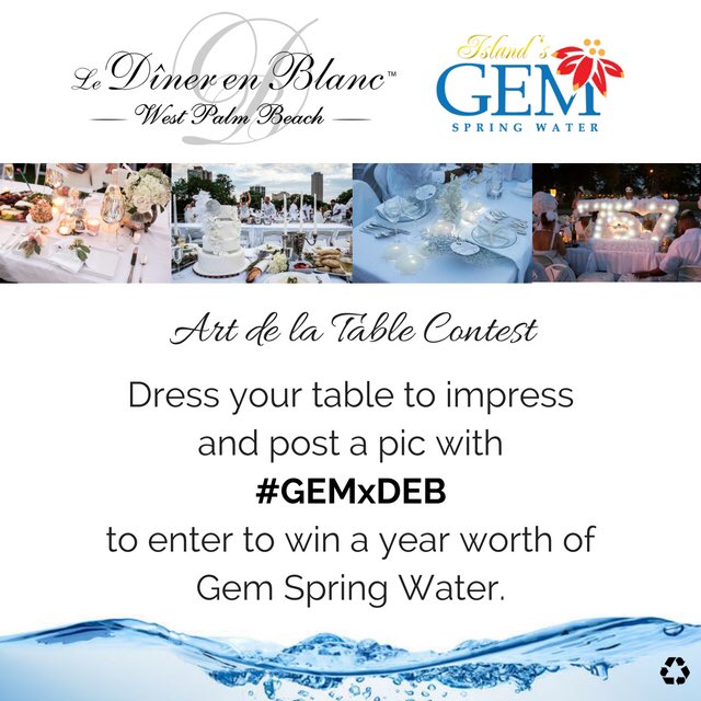 DinerEnBlancWPB's tweet photo. Only 2 days left for #DEBWPB16. What will your table settings look like for GEMxDEB @GemSpringWater https://t.co/aG4qYQb7wM