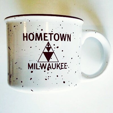 Hometown, Milwaukee ceramic and enamel mugs available online at hometownestablished.com or at the shop!