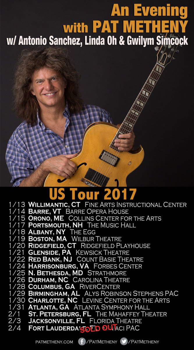 PatMetheny's tweet photo. Tickets to all US shows in January &amp; February are available now!

https://t.co/g1cW7cJGH1 https://t.co/5zDzmt6Kg4