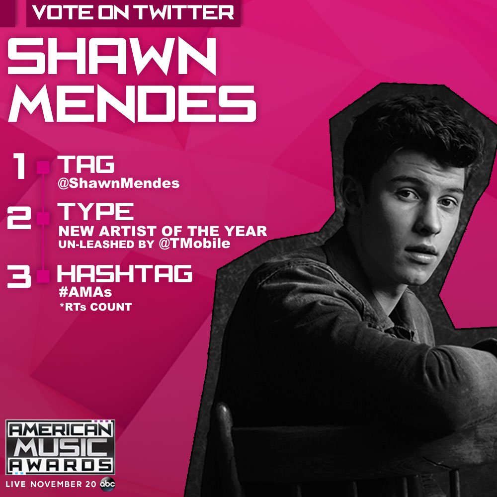 You can now vote for <a href="/ShawnMendes/">Shawn Mendes</a> for #AMAs New Artist of the Year Un-leashed by <a href="/TMobile/">T-Mobile</a>! Vote at AMAvote.com and RT!