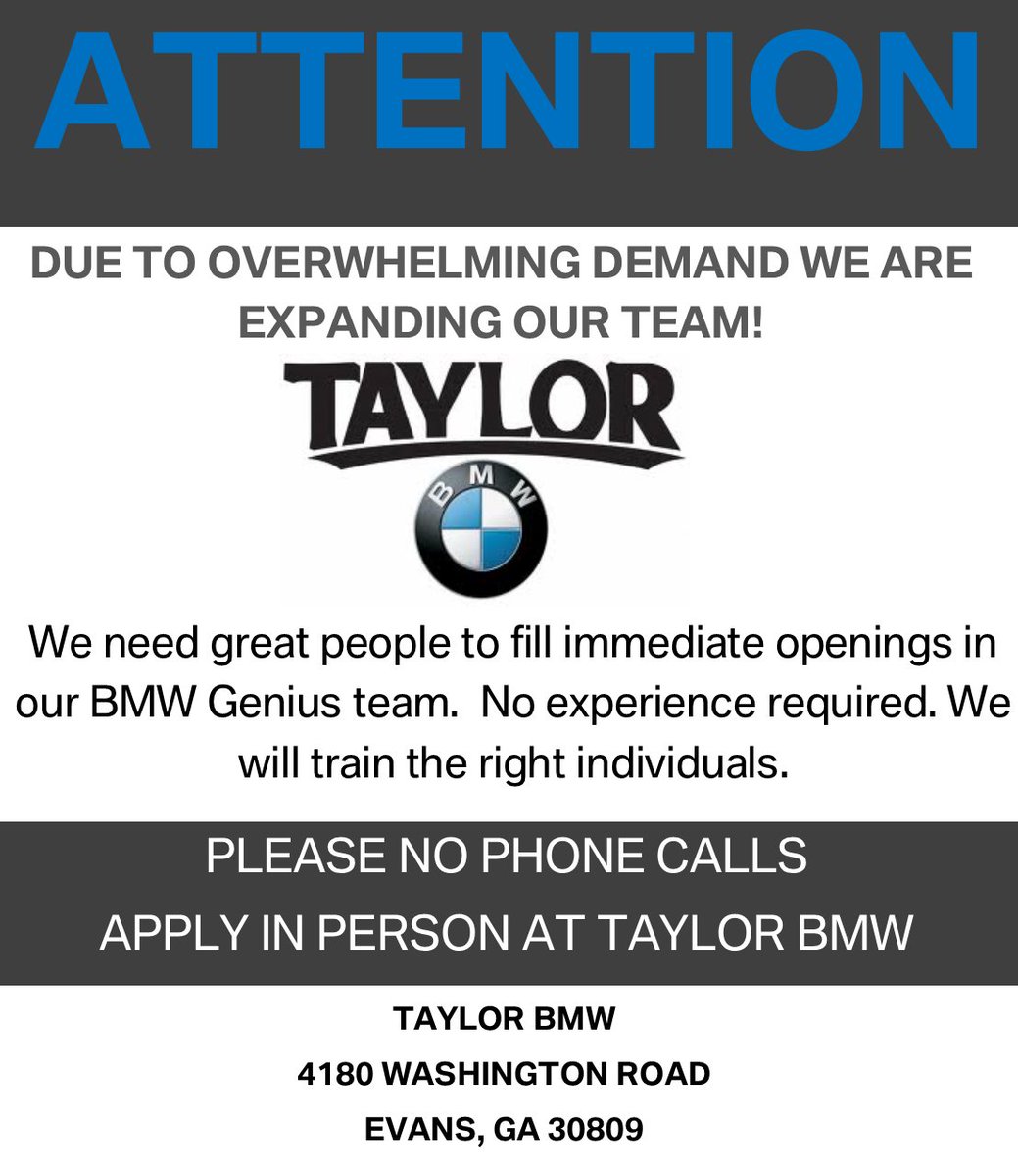 Taylor_BMW's tweet photo. Help us spread the word to fellow Fans of Taylor BMW and the BMW Brand.  We are growing and we need to add new fans to our team! #JOBSEARCH https://t.co/1lowAc0uoi