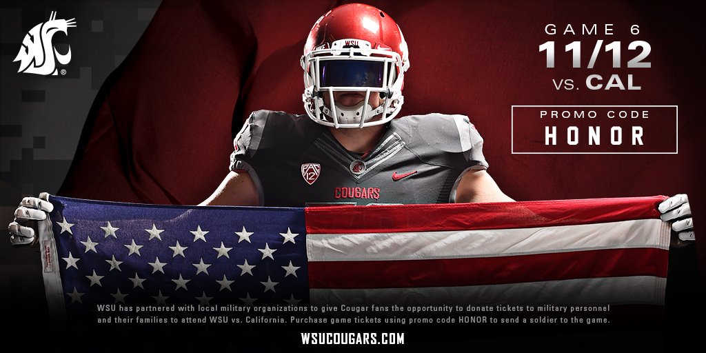 WSUCougarTix's tweet photo. Won't be able to make to the @wsucougfb game vs Cal? Donate tickets to a Vet!

Use Promo Code HONOR
https://t.co/EZdirQuctK

#GoCougs https://t.co/MLtItSQXHu