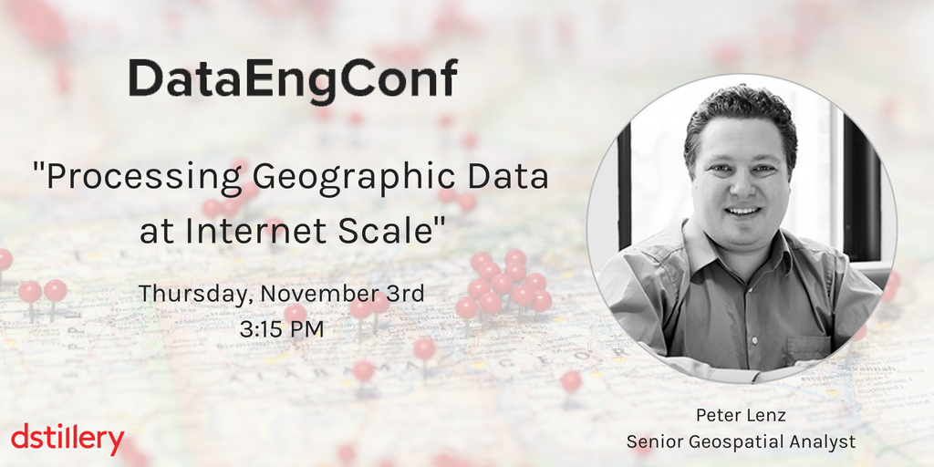 Dstillery's tweet image. Don&apos;t miss Peter&apos;s session tomorrow at the #DataEngConf! He&apos;ll be sharing insights into processing #geographicaldata at internet scale.