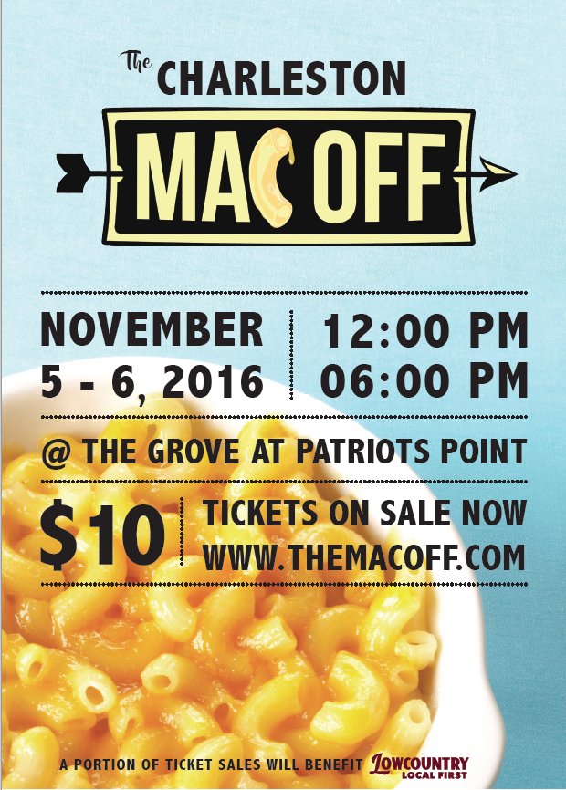 ChsMACOFF's tweet photo. The countdown is on to the most cheesy event in Charleston #chsmacoff. Portion of ticket proceeds benefit @lowcountrylocal https://t.co/d0bOydtD96