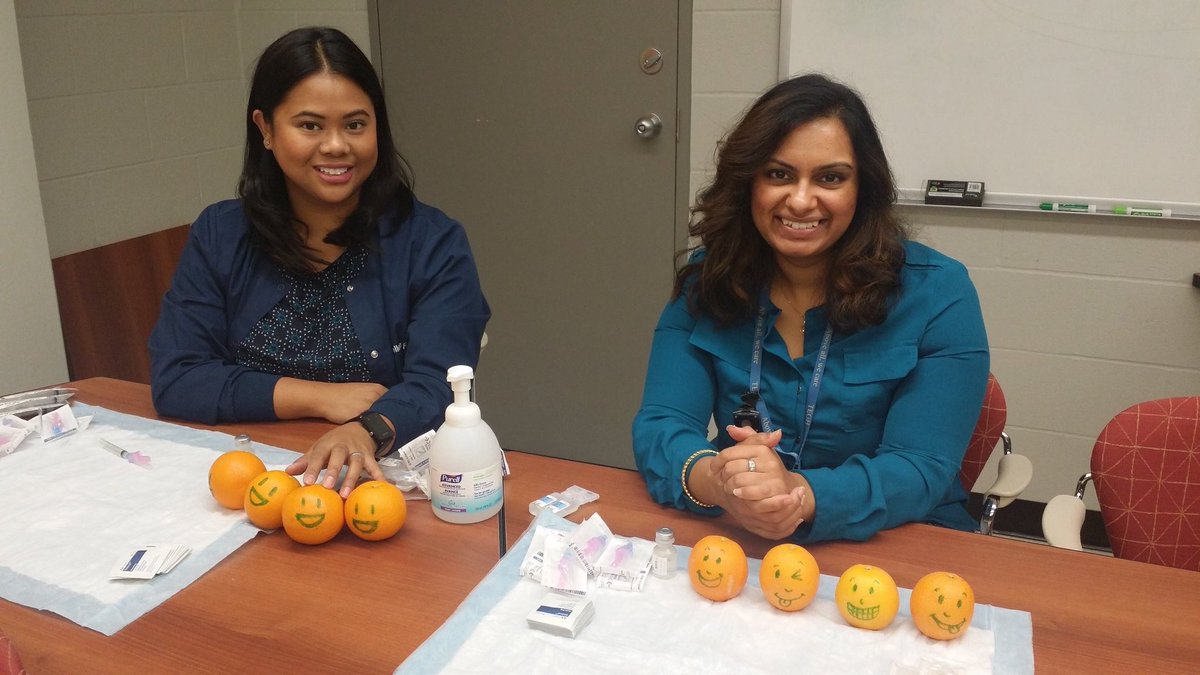 MadhuRaoRN's tweet photo. @debbie_gillis @CeeTheNurse @MGHToronto Ready for Grade 9 day! Let's inject our oranges with the flu shot! #IMinjection #education #nursing https://t.co/aqpnozi0pn