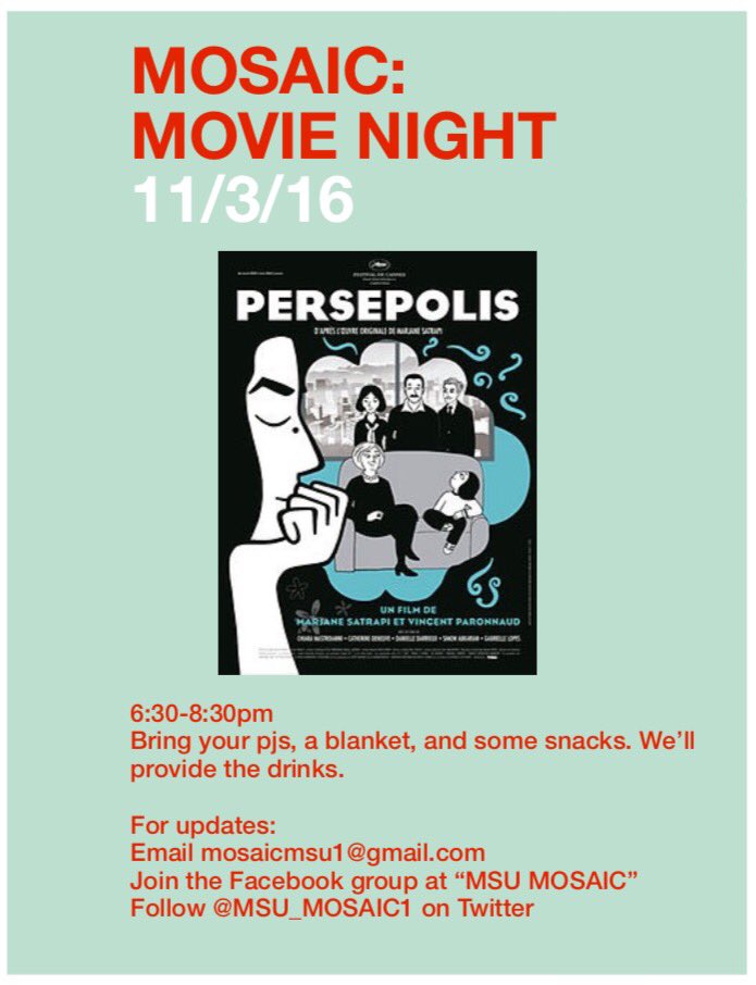 Heads up! Tomorrow, 11/3, is MOSAIC's first movie night! Location: the lounge in Eustace-Cole.🎬🎟